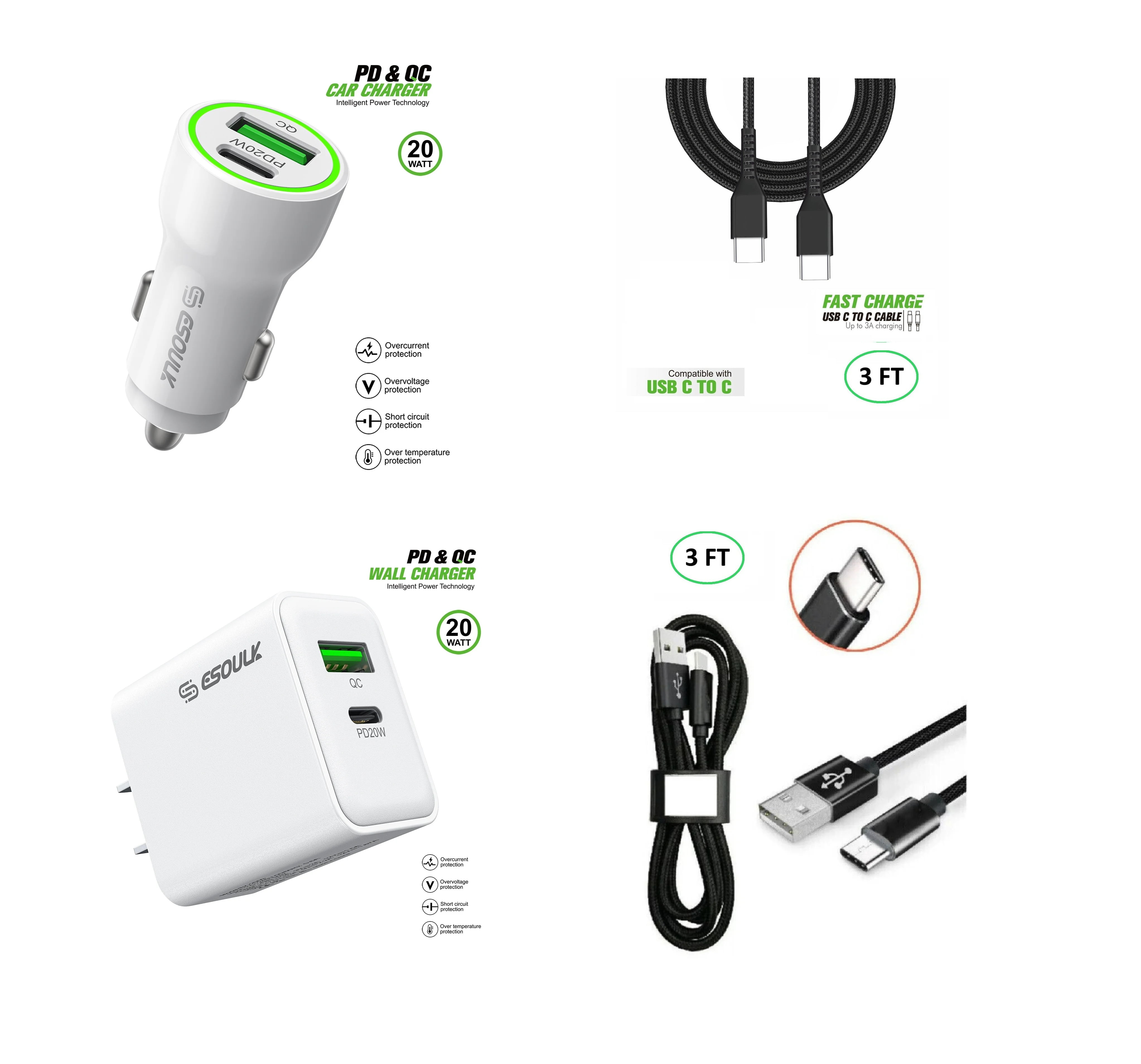 Compatible For Apple iPhone 17e 20W Car Charger Plus 20W Wall Charger with 1X A to C & 1X C to C USB Cable Combo