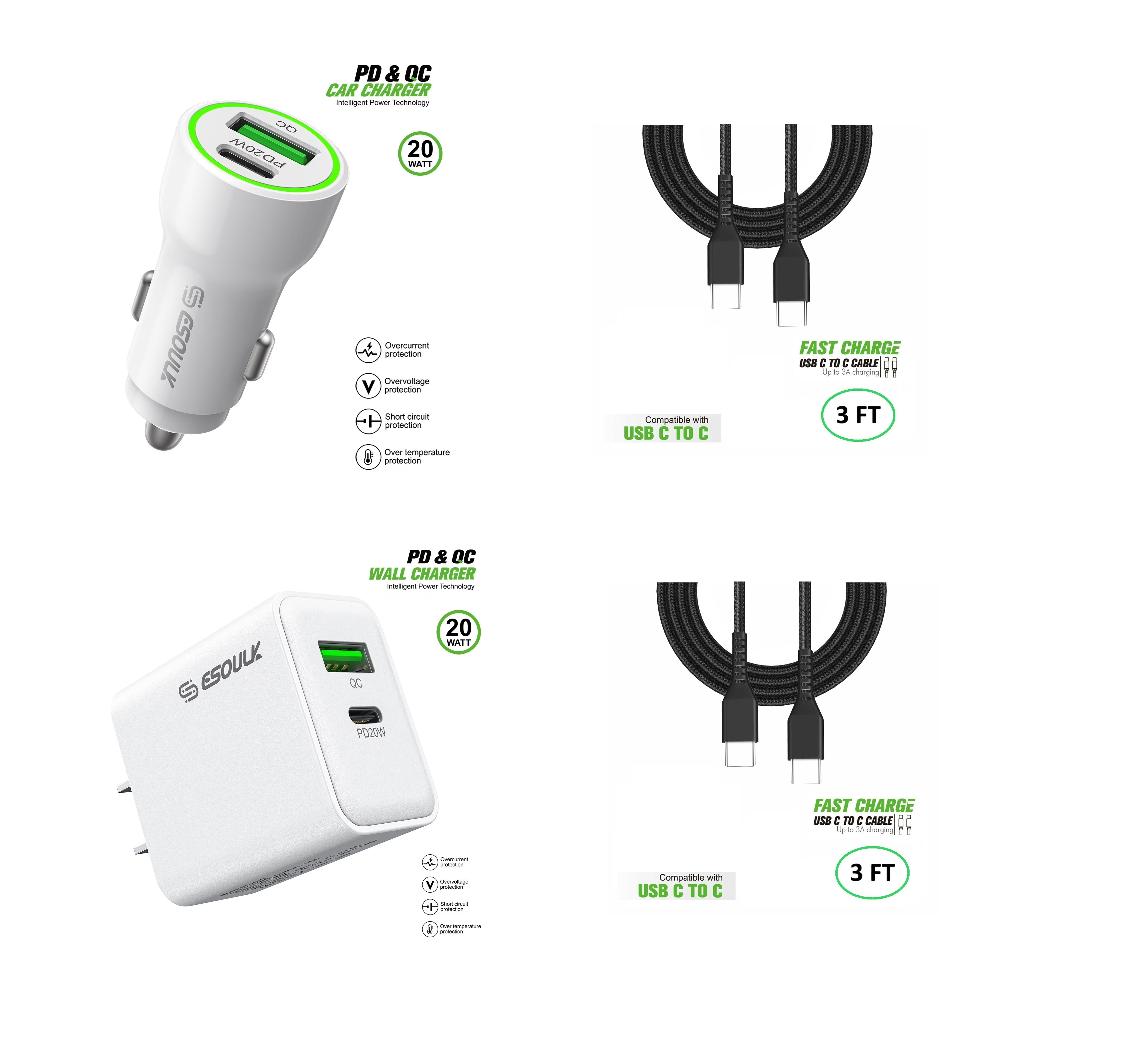 Compatible For Apple iPhone 17e 20W Car Charger Plus 20W Wall Charger with 2X C to C USB Cable Combo