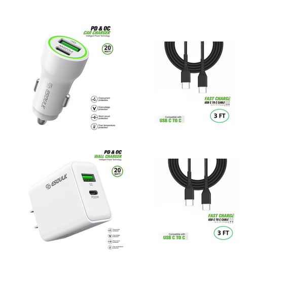 Compatible For Apple iPhone 17e 20W Car Charger Plus 20W Wall Charger with 2X C to C USB Cable Combo
