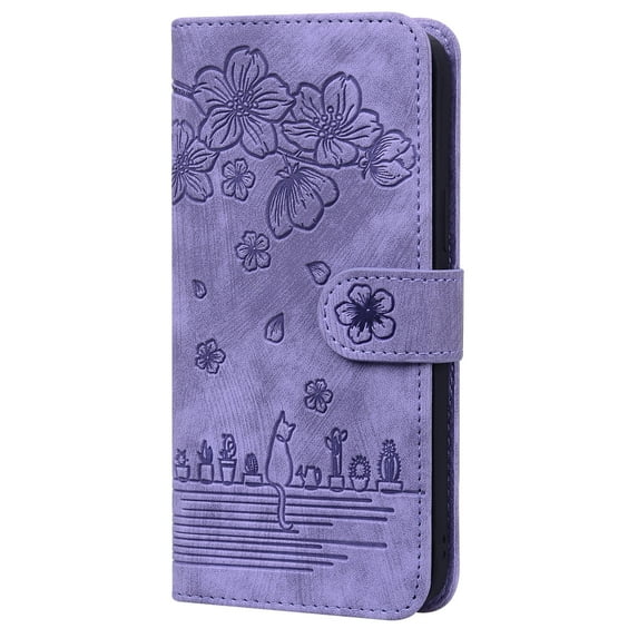 Compatible For iPhone 13 Pro Card Flip Wallet Stand Case PU Leather with Wrist Strap, Luxury Cute Pattern Embossed 360 Protection Shockproof Cover.For iPhone 13 Pro,Purple