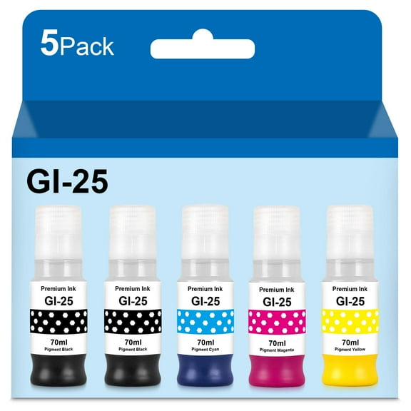 Compatible GI-25 Ink Bottles Refill Set Replacement for GI 25 GI25 Ink Refill Bottles Pigment Work for GX2020 GX1020 Printer Ink, GI-25 Ink Bottles GX2020 (5-Pack, 2 BK1 CY 1 MG 1 YE)