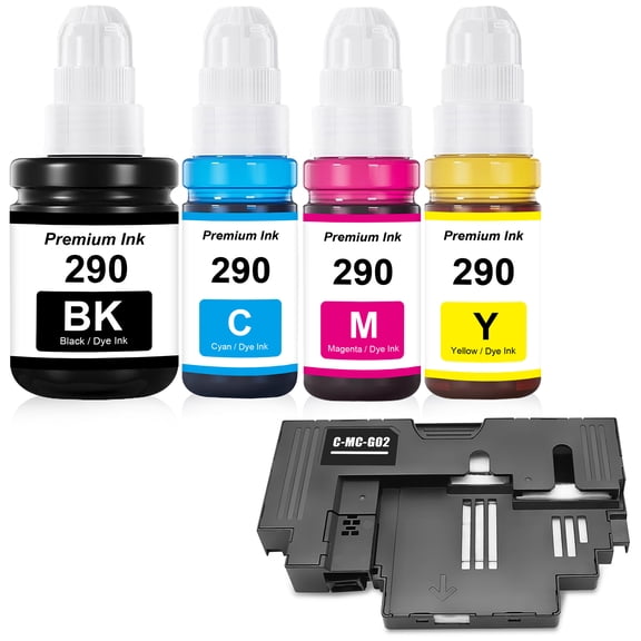 Compatible GI290 Ink Bottles and MC-G02 Maintenance Box Replacement for G3200 G4210 G1000 G1100 G1200 G1310 G1400 G1800 G1810 G1900 Printers 4 Pack GI-290 Ink and 1 Pack MC-G02 Maintenance Box