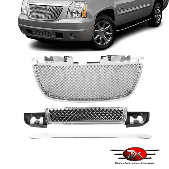 JX RACING Compatible with GMC Yukon XL Denali 1500 2500 2007-2014 Front Upper Lower Grille and Hood Molding Trim Mesh Style Chrome Set 3PCS