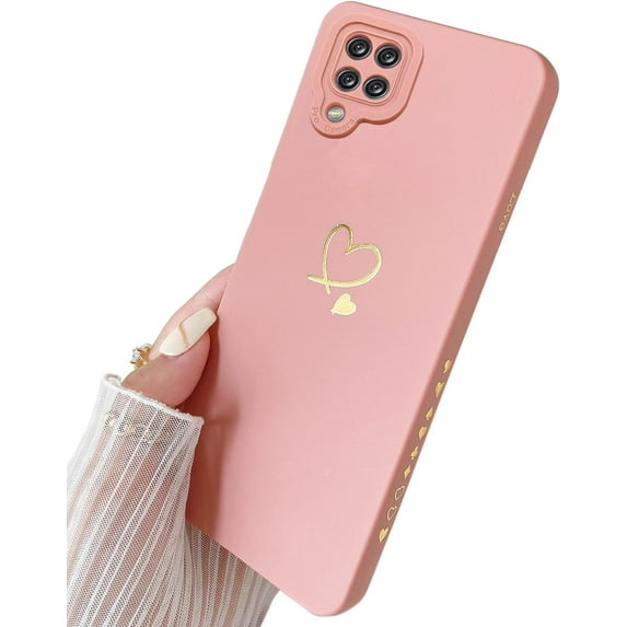 Compatible with Galaxy A12 Case 6.5", Bling Cute Plated Gold Love-Heart with Anti-Fall Camera Lens Cover Protection Soft Anti-Fingerprint Anti-Dust Phone Case for Samsung Galaxy A12 - Pink