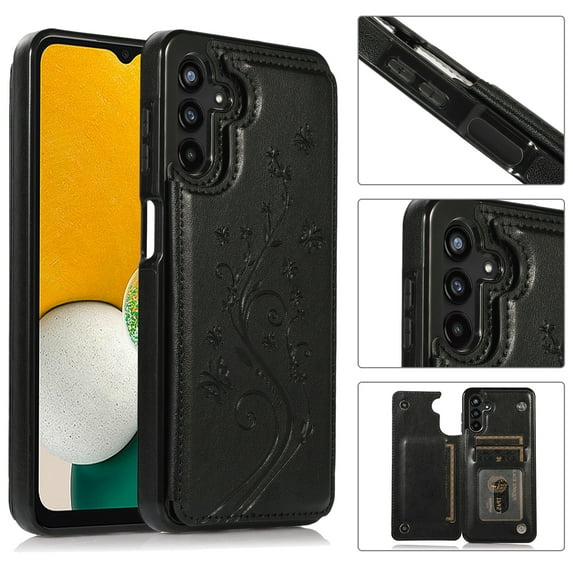 Compatible with Galaxy A13 5G Case Wallet with Card Holder,Embossed Butterfly Pattern PU Leather Double Magnetic Buttons Flip Shockproof Protective Cover for Samsung Galaxy A13 5G, Black