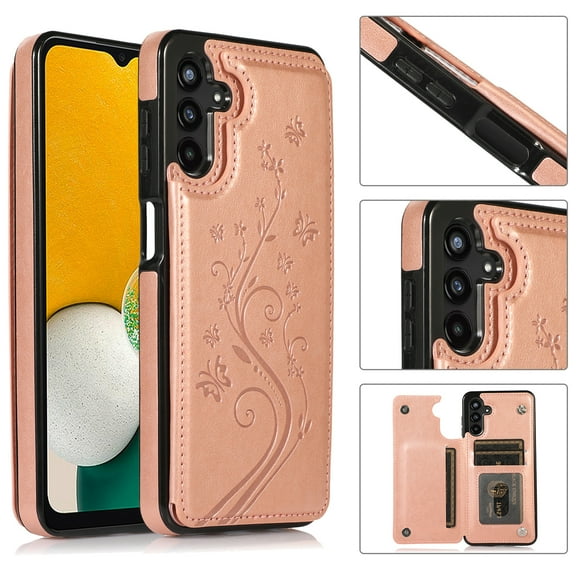 Compatible with Galaxy A14 5G Case Wallet with Card Holder,Embossed Butterfly Pattern PU Leather Double Magnetic Buttons Flip Shockproof Protective Cover for Samsung Galaxy A14 5G, Rose Gold