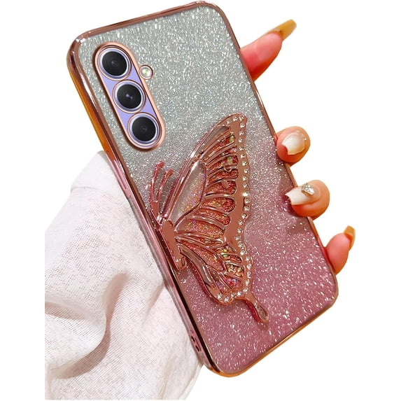 Compatible with Galaxy A14 5G Case for Women Girls, Cute 3D Butterfly Luxury Bling Sparkle Liquid Flowing Camera Lens Protector Plating Shockproof Phone Case for Galaxy A14 5G (PINK)