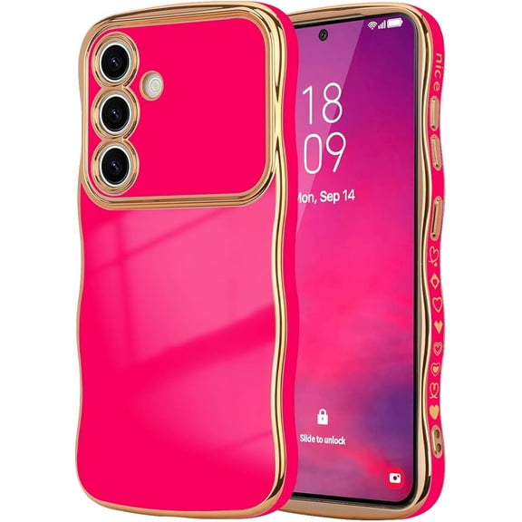 Compatible with Galaxy A14 5G Case for Women Girls, Cute Wave Frame Curly Shape with Love Heart Raised Camera Protection Luxury Plating Shockproof Phone Case for Galaxy A14 5G (HOT PINK)