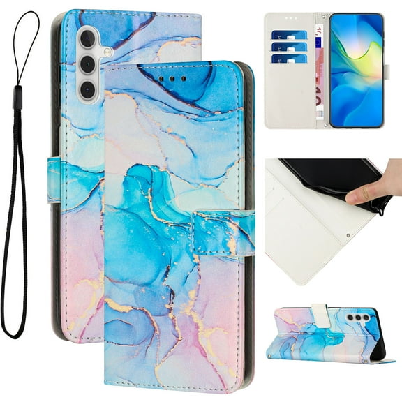 Compatible for Galaxy A14 5G Wallet Case, Samsung A14 5G Wallet Case[Stand Feature] [Wrist Strap] [Credit Cards Holder] New Marble Pattern Premium PU Leather Flip Protective Cover,Green