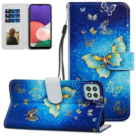 Compatible with Galaxy A22 5G Case 6.6 inch, Allytech Premium PU Leather Hand Strap Card Slots Soft TPU Shockproof Fold Stand Magnetic Snap Case for Samsung Galaxy A22 5G(NOT for 4G), Gold Butterfly
