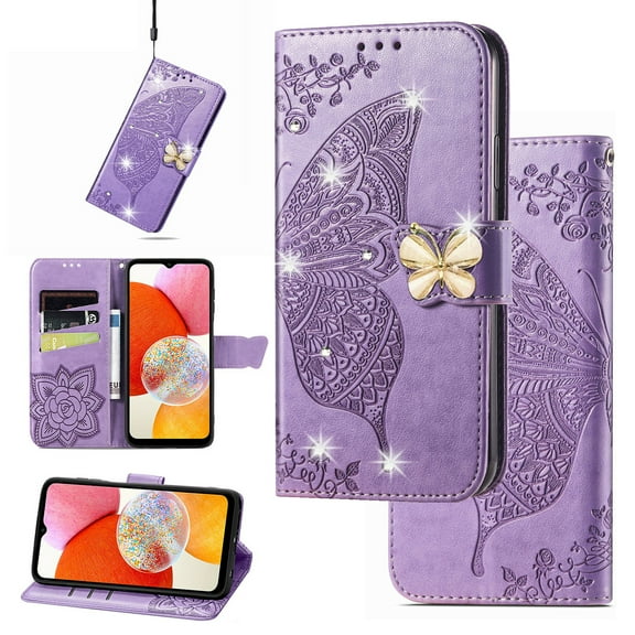 Compatible with Galaxy A24 4G Wallet Case, [Kickstand Feature][Wrist Strap][Card Slots][3D Bling Rhinestone Emboss Butterfly] Leather Magnetic Flip Case for Samsung Galaxy A24 4G, Lightpurple