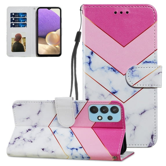 Compatible with Galaxy A32 4G Case 6.4 inch, Allytech Premium PU Leather Hand Strap Card Slots Soft TPU Shockproof Fold Stand Magnetic Snap Case for Samsung Galaxy A32 4G(NOT for 5G),Pink White Marble