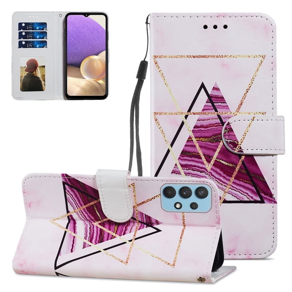 Compatible with Galaxy A32 4G Case 6.4 inch, Allytech Premium PU Leather Hand Strap Card Slots Soft TPU Shockproof Fold Stand Magnetic Snap Case for Samsung Galaxy A32 4G(NOT for 5G), Triangle Marble