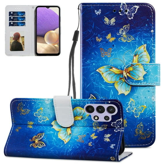 Compatible with Galaxy A32 5G Case 6.5 inch, Allytech Premium PU Leather Hand Strap Card Slots Soft TPU Shockproof Fold Stand Magnetic Snap Case for Samsung Galaxy A32 5G(NOT for 4G), Gold Butterfly