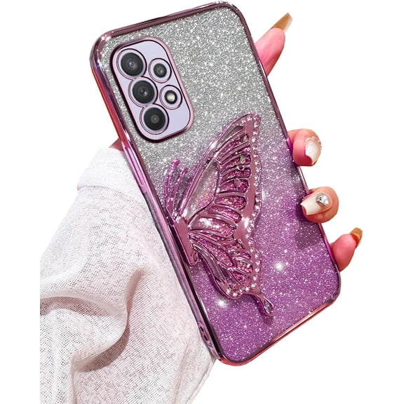 Compatible with Galaxy A32 5G Case for Women Girls, Cute 3D Butterfly Luxury Bling Sparkle Liquid Flowing Camera Lens Protector Plating Shockproof Phone Case for Galaxy A32 5G (PURPLE)