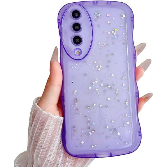 Compatible with Galaxy A50 Case for Women Girls Glitter Camera Lens Protector Cute Curly Wave Frame Shockproof Protective Cover Phone Case for Samsung Galaxy A50(PURPLE)