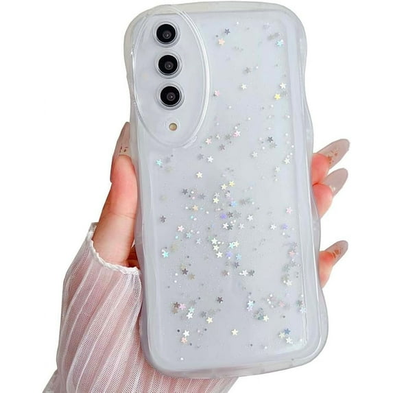 Compatible with Galaxy A50 Case for Women Girls Glitter Camera Lens Protector Cute Curly Wave Frame Shockproof Protective Cover Phone Case for Samsung Galaxy A50(CLEAR)