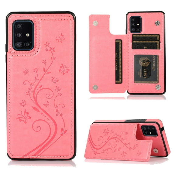 Compatible with Galaxy A51 5G Case Wallet with Card Holder,Embossed Butterfly Pattern PU Leather Double Magnetic Buttons Flip Shockproof Protective Cover for Samsung Galaxy A51 5G, Pink