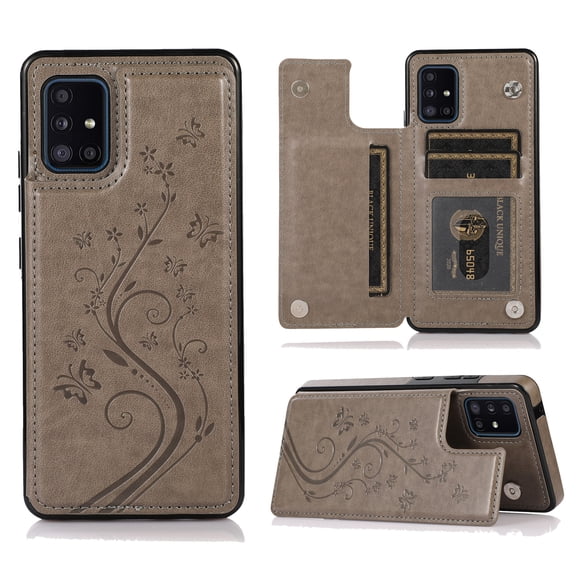 Compatible with Galaxy A51 5G Case Wallet with Card Holder,Embossed Butterfly Pattern PU Leather Double Magnetic Buttons Flip Shockproof Protective Cover for Samsung Galaxy A51 5G, Gray