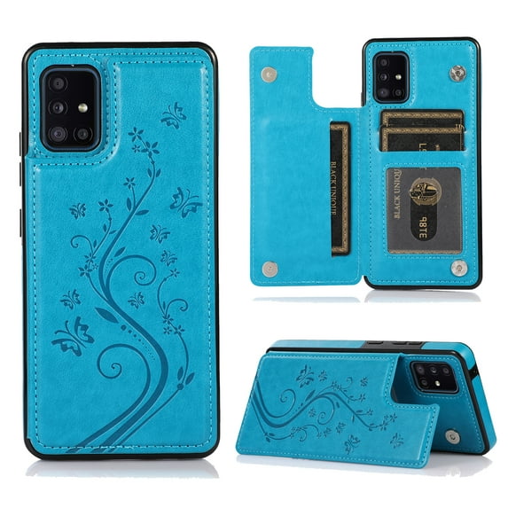 Compatible with Galaxy A51 5G Case Wallet with Card Holder,Embossed Butterfly Pattern PU Leather Double Magnetic Buttons Flip Shockproof Protective Cover for Samsung Galaxy A51 5G, Blue