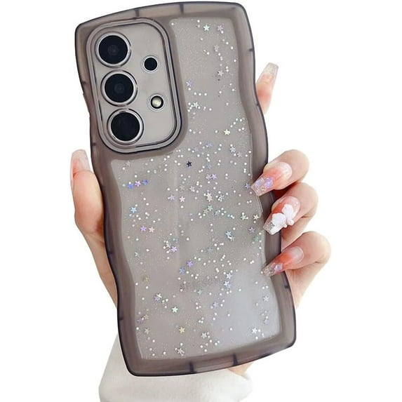 Compatible with Galaxy A53 5G Case for Women Girls Glitter Sparkly Bling Camera Lens Protector Cute Curly Wave Frame Shockproof Protective Cover Phone Case for Samsung Galaxy A53 5G(BLACK)