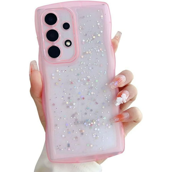 Compatible with Galaxy A53 5G Case for Women Girls Glitter Sparkly Bling Camera Lens Protector Cute Curly Wave Frame Shockproof Protective Cover Phone Case for Samsung Galaxy A53 5G(PINK)