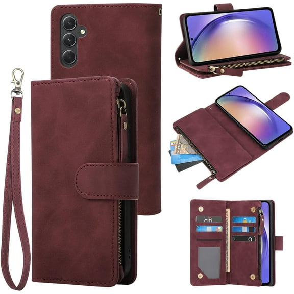 Compatible with Galaxy A54 5G Wallet Case, Premium PU Leather Zipper Folio RFID Blocking with Card Slot Wrist Strap Magnetic Closure Kickstand Protective Phone Case for A54 (Wine Red)