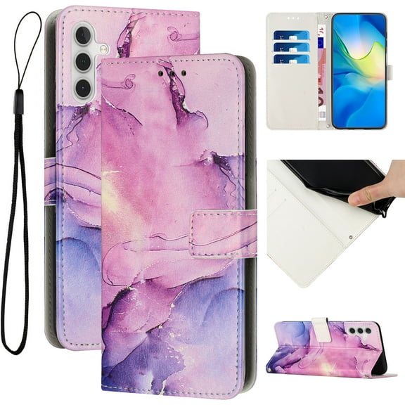 Compatible for Galaxy A54 5G Wallet Case, Samsung A54 5G Wallet Case[Stand Feature] [Wrist Strap] [Credit Cards Holder] New Marble Pattern Premium PU Leather Flip Protective Cover, Purple