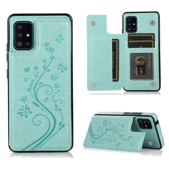Compatible with Galaxy A71 5G Case Wallet with Card Holder,Embossed Butterfly Pattern PU Leather Double Magnetic Buttons Flip Shockproof Protective Cover for Samsung Galaxy A71 5G, Mint Green