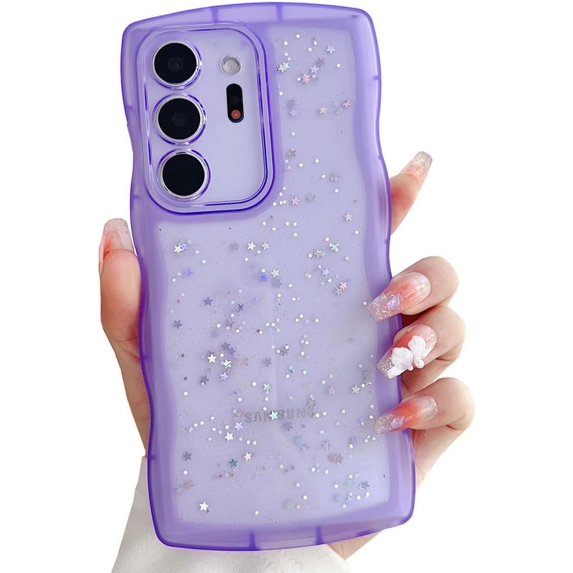 Compatible with Galaxy Note 20 Ultra Case for Women Girls Glitter Camera Lens Protector Cute Curly Wave Frame Shockproof Protective Cover Phone Case for Samsung Galaxy Note 20 Ultra(PURPLE)