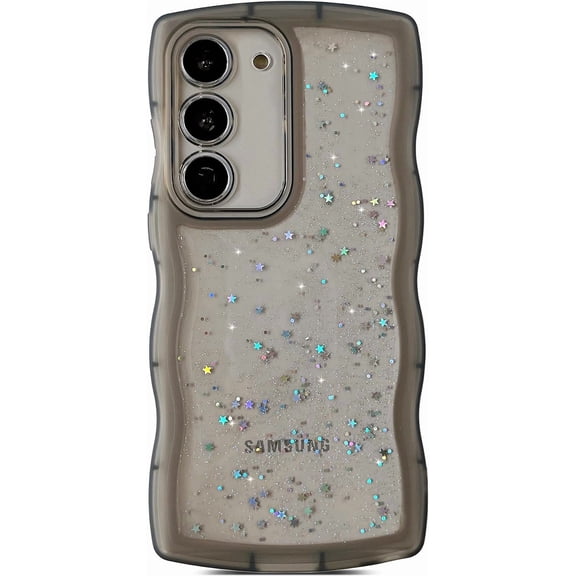 Compatible for Galaxy S20 FE 5G Case 6.5",Curly Wave Design Transparent Bling Glitter Star Shiny Case Cute Clear Transparent Shockproof Protection Soft Phone Cover Case for Women Girls,Black