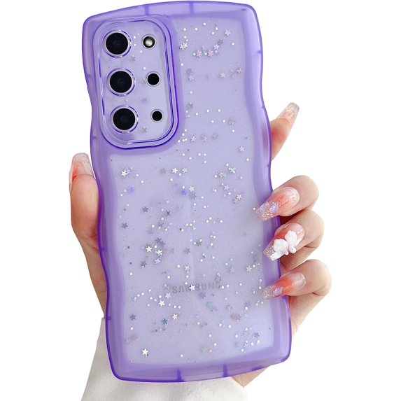 Compatible with Galaxy S20 Plus Case for Women Girls Glitter Camera Lens Protector Cute Curly Wave Frame Shockproof Protective Cover Phone Case for Samsung Galaxy S20 Plus(Purple)