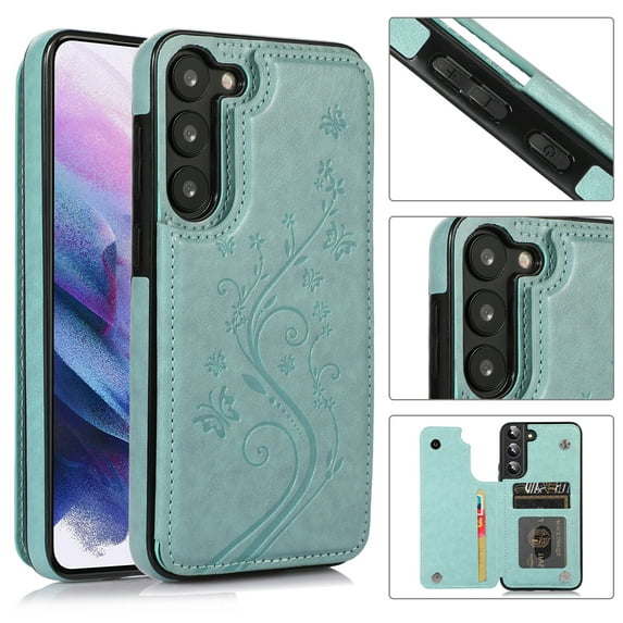 Compatible with Galaxy S21 FE Case Wallet with Card Holder,Embossed Butterfly Pattern PU Leather Double Magnetic Buttons Flip Shockproof Protective Cover for Samsung Galaxy S21 FE, Mint Green