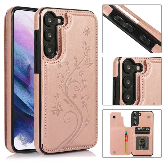 Compatible with Galaxy S21 FE Case Wallet with Card Holder,Embossed Butterfly Pattern PU Leather Double Magnetic Buttons Flip Shockproof Protective Cover for Samsung Galaxy S21 FE, Rose Gold