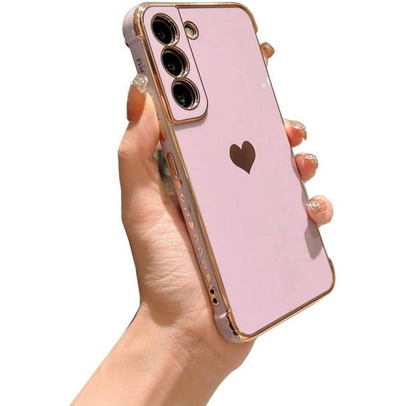 Compatible with Galaxy S21+Plus Case Camera Lens Protection Luxury Plated Love Heart Cute Side Small Pattern Slim Airbag Shockproof Cover Phone Cases for Samsung Galaxy S21 Plus 5G 6.7"-Purple