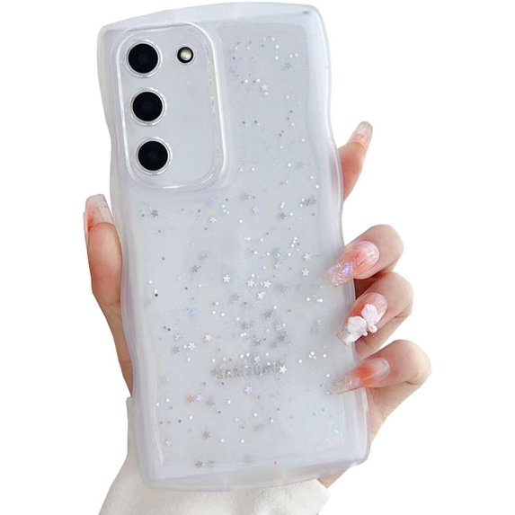 Compatible with Galaxy S21 Plus Case for Women Girls Glitter Camera Lens Protector Cute Curly Wave Frame Shockproof Protective Cover Phone Case for Samsung Galaxy S21 Plus(CLEAR)