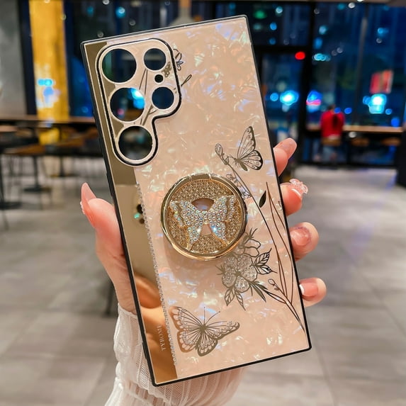 Compatible with Galaxy S21 Ultra Butterfly Case for Women, Embossed Flower Cute Bling Diamond Luxury Design Kickstand Ring Shockproof Protective Cover for Samsung Galaxy S21 Ultra 6.8 inch, Pink