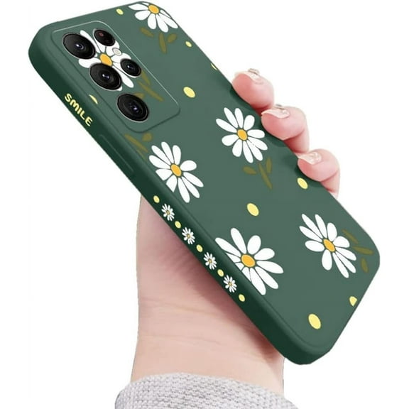 Compatible with Galaxy S21 Ultra Case Cute Daisy Pattern Camera Lens Protection Shockproof TPU Bumper Liquid Silicone Protective Cover Phone Cases for Samsung Galaxy S21 Ultra 5G 6.8"-Green