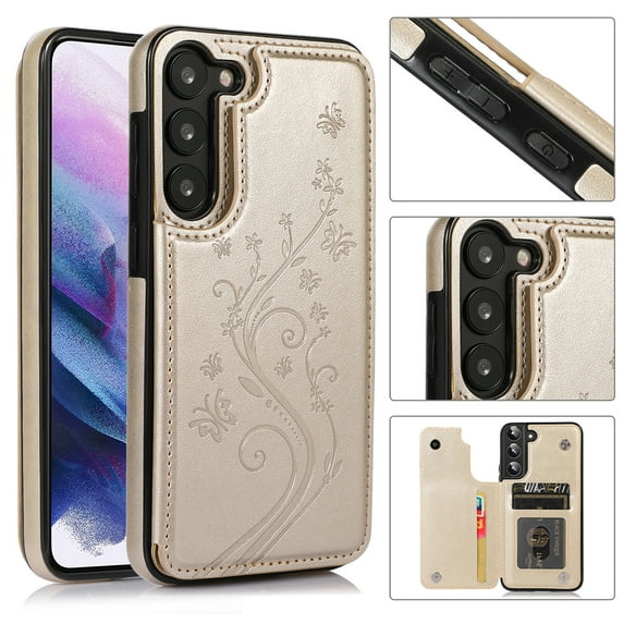 Compatible with Galaxy S22 Case Wallet with Card Holder,Embossed Butterfly Pattern PU Leather Double Magnetic Buttons Flip Shockproof Protective Cover for Samsung Galaxy S22, Gold
