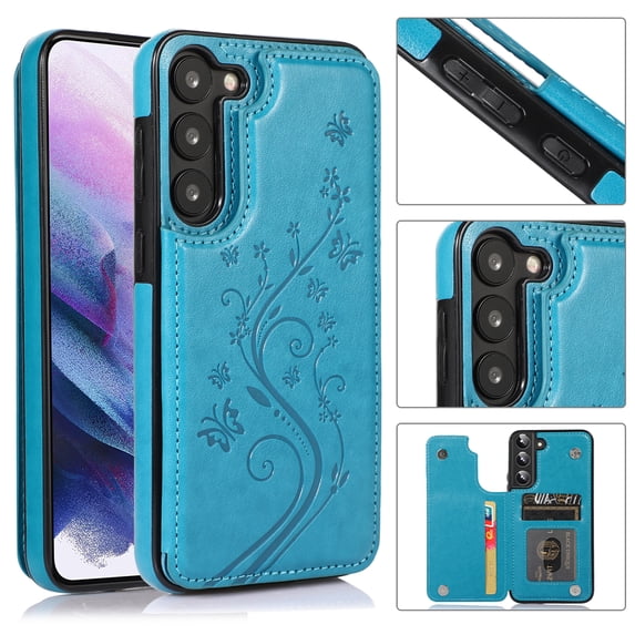 Compatible with Galaxy S22 Case Wallet with Card Holder,Embossed Butterfly Pattern PU Leather Double Magnetic Buttons Flip Shockproof Protective Cover for Samsung Galaxy S22, Blue