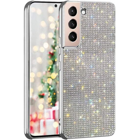 Compatible with Galaxy S22 Diamond Case Cute Bling Glitter Rhinestone Crystal Shiny Sparkle Protective Electroplate Plating Bumper Luxury Fashion Protection Cover for Women Grils