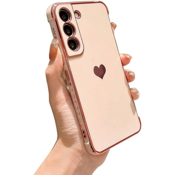 Compatible with Galaxy S22+Plus Case Camera Lens Protection Luxury Plated Love Heart Cute Side Small Pattern Slim Airbag Shockproof Cover Phone Cases for Samsung Galaxy S22 Plus 5G 6.7"-Pink