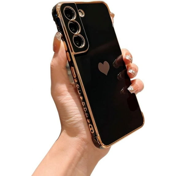 Compatible with Galaxy S22+Plus Case Camera Lens Protection Luxury Plated Love Heart Cute Side Small Pattern Slim Airbag Shockproof Cover Phone Cases for Samsung Galaxy S22 Plus 5G 6.7"-Black
