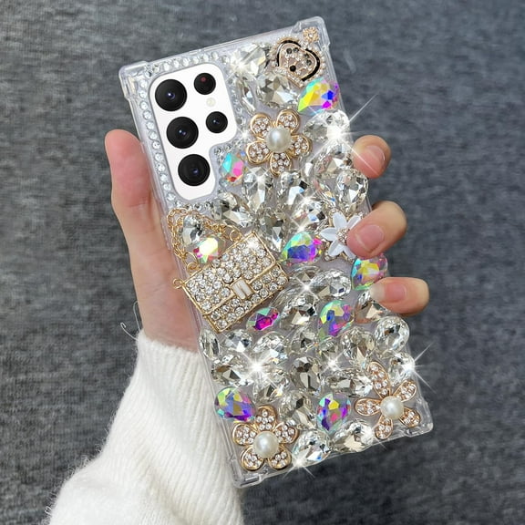Compatible with Galaxy S22 Ultra Case for Women Girls 3D Bling Glitter Rhinestone Dimaond Cute Girly Handmade Flower Gem Fashion Luxury Shiny Sparkle Crystal Phone Case