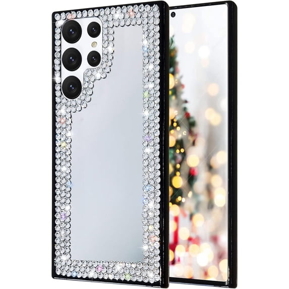 Compatible with Galaxy S22 Ultra Mirror Case Makeup Cute for Women Girls Bling Glitter Diamond Rhinestone Cover Luxury Fashion Protection Shockproof Case