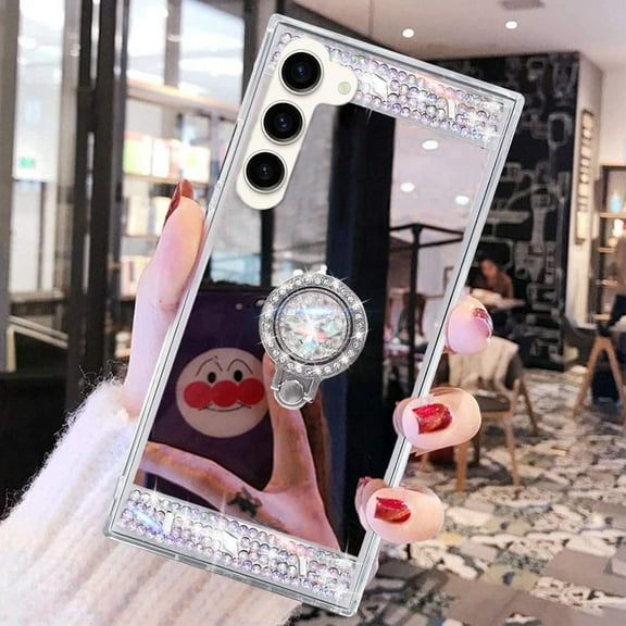 Compatible with Galaxy S23 Makeup Mirror Case Diamond Glitter Rhinestone with Ring Stand Kickstand Cute for Girls Women Protector Cover Bling Crystal Ring Holder Finger Grip Phone Case Silver
