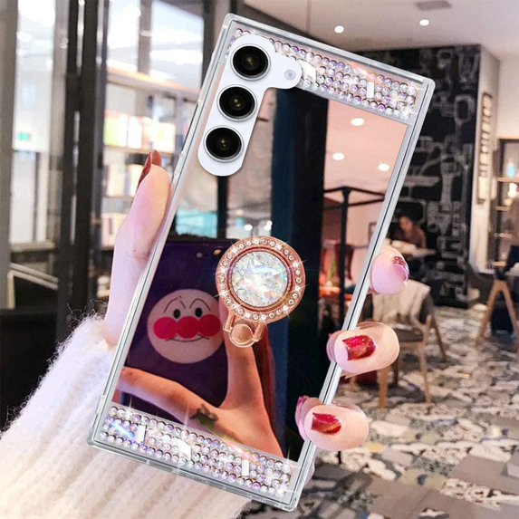 Compatible with Galaxy S23 Plus Makeup Mirror Case Diamond Glitter Rhinestone with Ring Stand Kickstand Cute for Girls Women Cover Bling Crystal Ring Holder Finger Grip Phone Case Rose Gold