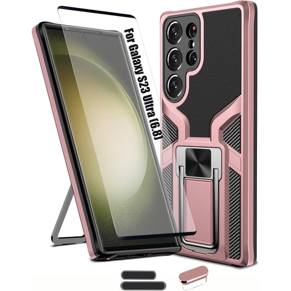 Compatible Galaxy S23 Ultra, Anti-fall Heavy Duty Military Grade Shockproof Kickstand Case Double Protection (TPU+PC) Solid and Durable Magnetic Car Phone Case, Suitable for 6.8 Inch-Rose Gold