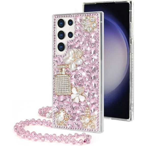 Compatible with Galaxy S23 Ultra Bling Case Luxury 3D Diamond Crystal Rhinestone Shiny Gemstone Perfume Bottle and Flower Phone Case for Women and Girls Glitter Sparkle Chain Lanyard Strap
