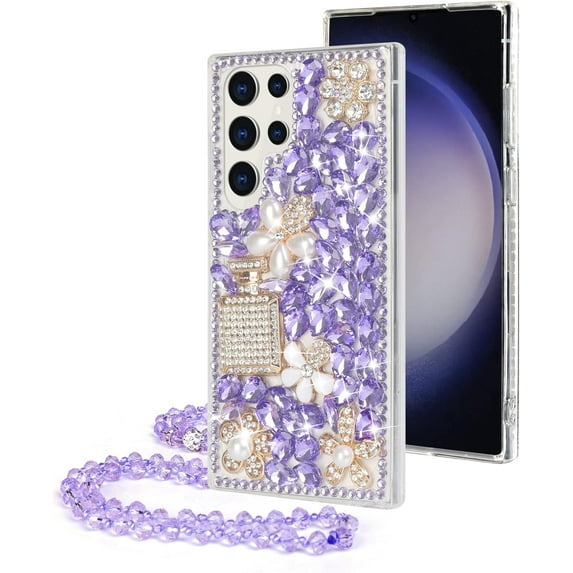 Compatible with Galaxy S23 Ultra Bling Case Luxury 3D Diamond Crystal Rhinestone Shiny Gemstone Perfume Bottle and Flower Phone Case for Women and Girls Glitter Sparkle Chain Lanyard Strap